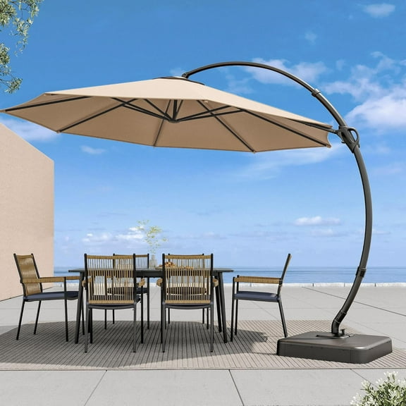 LAUSAINT HOME 10FT Patio Umbrella with Base, Outdoor Deluxe Curvy Cantilever Umbrella for Patio Pool Deck, Champagne