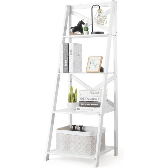 STAKOL 4-Tier Ladder Shelf, Leaning Free Standing Bookcase, Wooden Frame, Flower Display Shelves, Storage Bookshelf for Home Office Kitchen Bedroom (1, White)