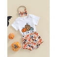 thumbnail image 3 of Qmyliery 3Pcs Baby Girls Halloween Outfit, Pumpkin/Letter Print Short Sleeve Romper + Shorts + Headband Set for Infants, 0-18 Months, 3 of 9