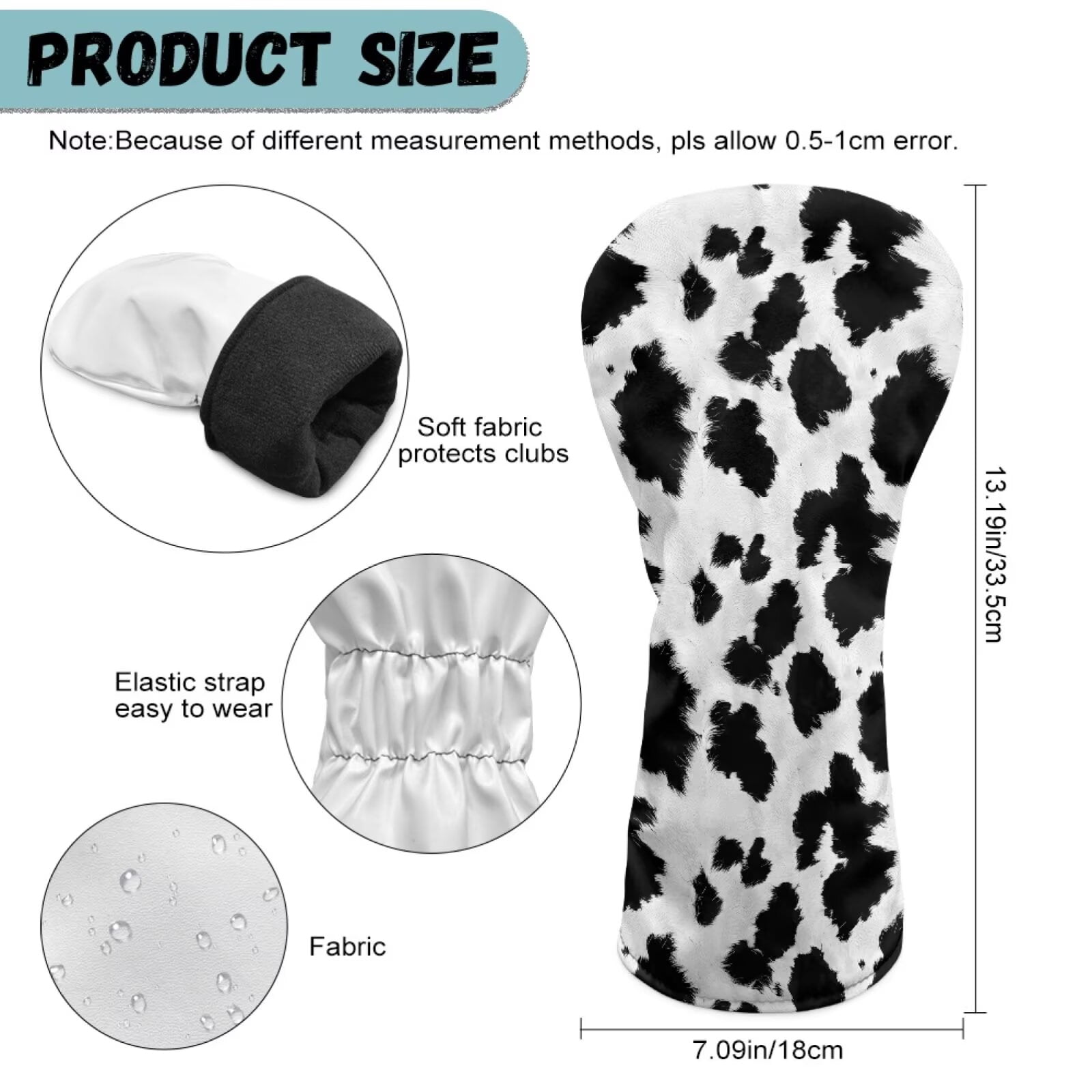 Uorisanigo 3pcs Golf Club Head Covers Headcovers Set Fits Driver Fairway Wood Hybrid Headcover, Durable and Stain Resistant, Essential Golf Accessories(Black and White Cow Print)