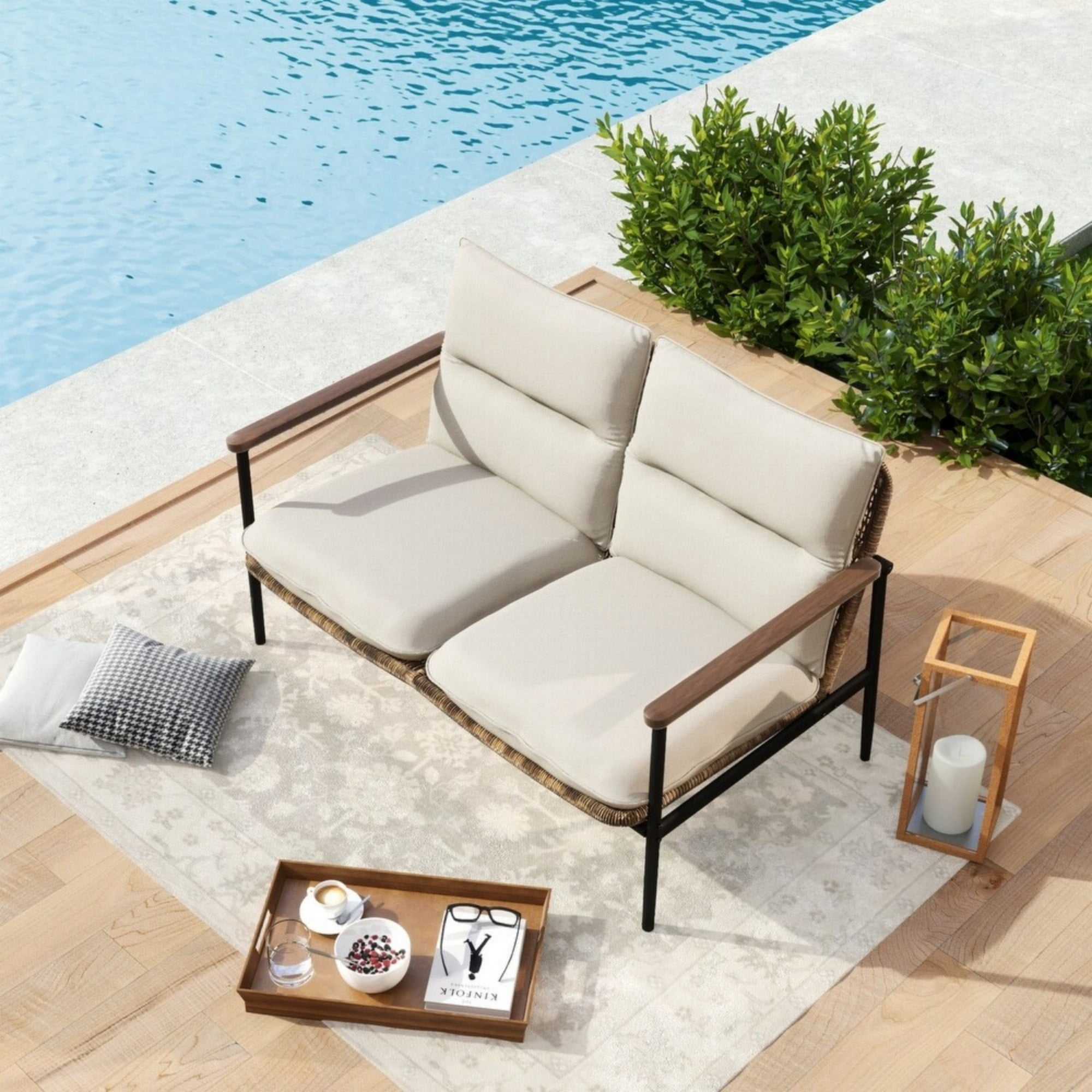 Aluminum Wicker Outdoor Loveseat with Cushions, 49.6" Patio Sofa, Hand-Woven Rattan, Deep Seating for Garden, Backyard, Balcony