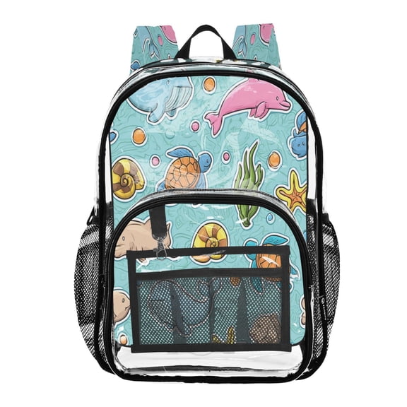 Large Clear PVC Backpack Heavy Duty See Through Backpack for Adults Work Travel, Cyan Ocean Stickers Printed 12L