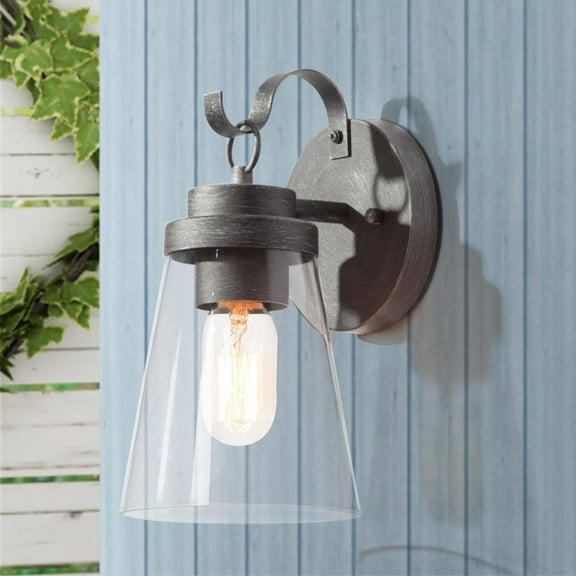 LNC 1-Light Farmhouse Brushed Black Clear Glass Cone Shape 10" Outdoor Wall Light