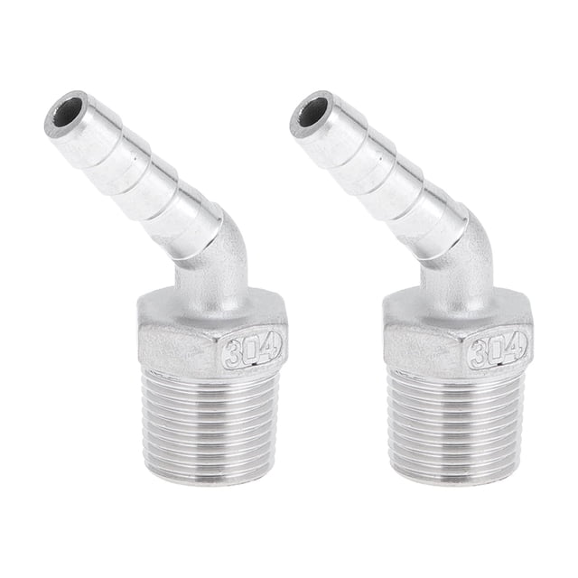 Accesorios de manguera con espiga de acero inoxidable 304 Unique Bargains 5/16" OD 3/8" BSPT codo de 45 grados para aire, agua, aceite, gas, combustible, 2 piezas tono plateado