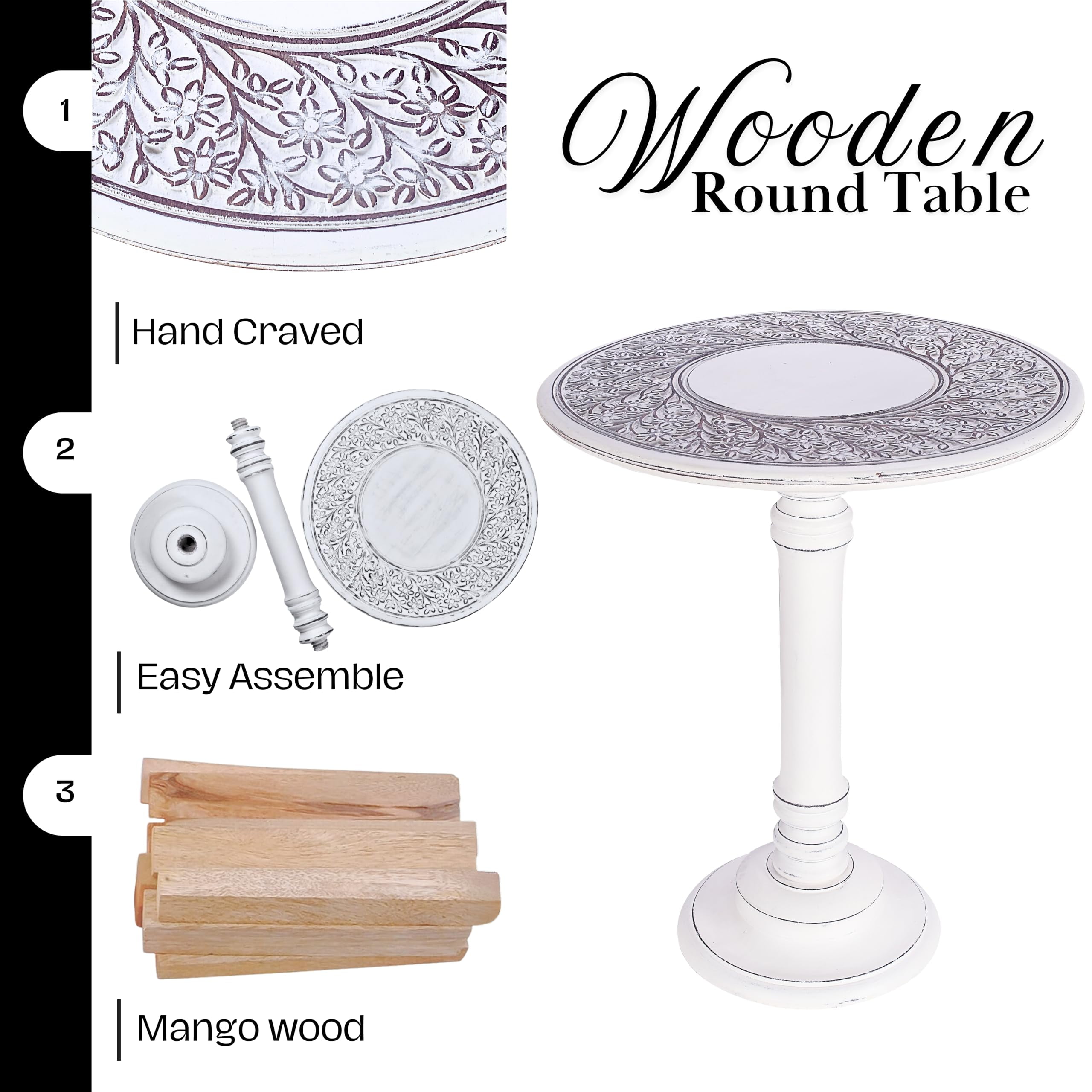 The Wooden Town Wood Round Side Table 18x22 Inch, Antique White Accent End Table for Living Room