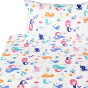 J-pinno Mermaid Fish Turtle Happy Playing Cute Twin 100% Cotton 3 Pieces Sheet Set for Kids Girls Children, Flat Sheet + Fitted Sheet + Pillowcase Bedding Decoration Gift Set