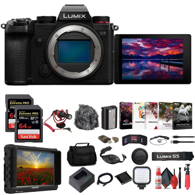 Panasonic Lumix S5 Mirrorless Camera (DC-S5BODY) + 4K Monitor + 2 x 64GB Memory Card + Bag + Card Reader + LED Light + Corel Photo Software + Rode Compact Mic + Flex Tripod + Hand Strap + More