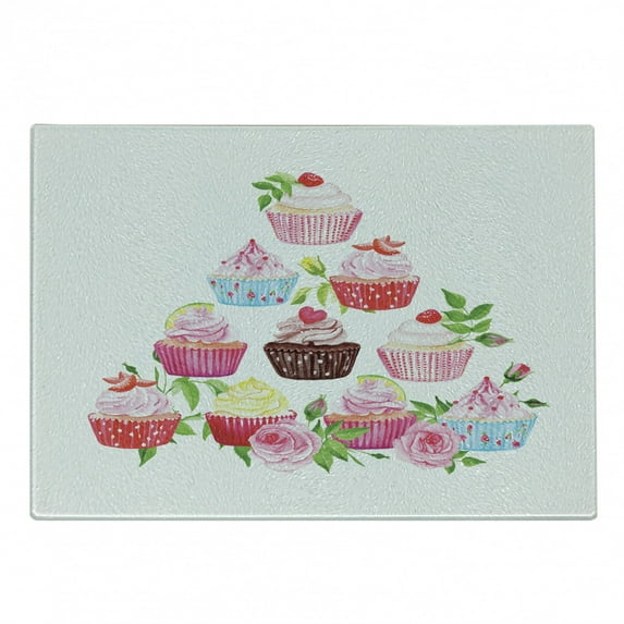 Dessert Cutting Board, Pyramid of Cupcakes with Polka Dot Liners and Bloomed Pink Roses Fresh Pastries, Decorative Tempered Glass Cutting and Serving Board, Small Size, Multicolor, by Ambesonne