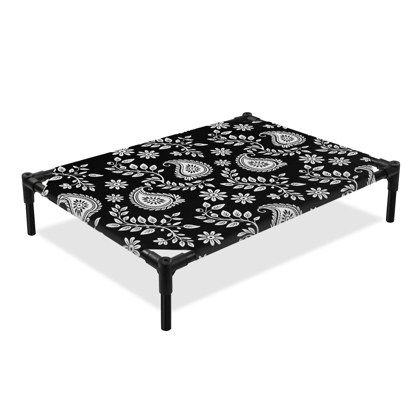Abstract Paisley Elevated Dog Bed Floral Leaves Black Background Cooling Breathable Outdoor Raised Dog Cot Bed with Metal Frame Non-Slip Feet for Large Dog 28x22in