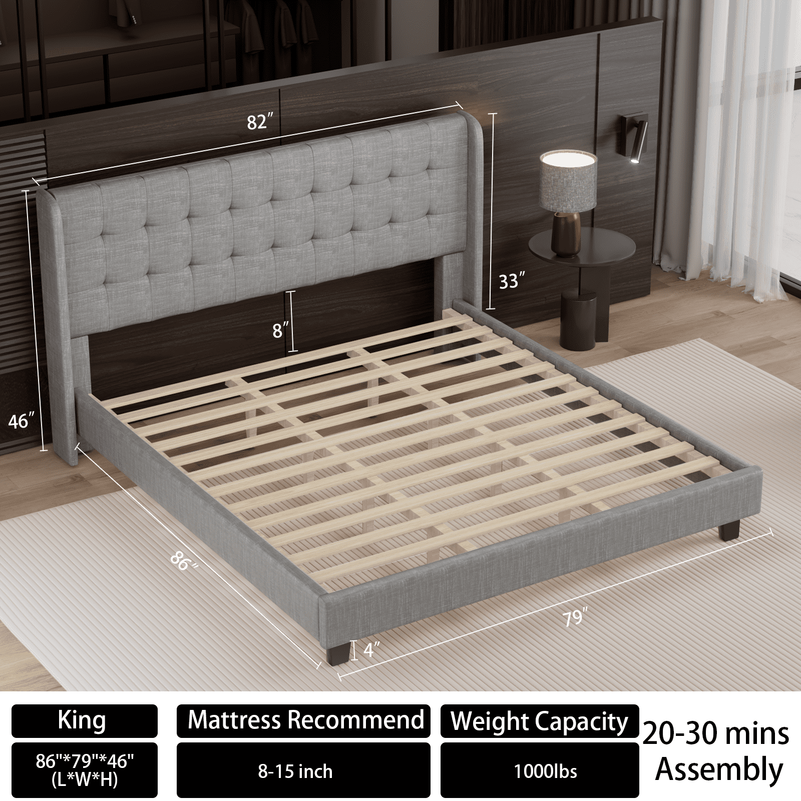 Nathaniel Home Cotton Linen Tufted Upholstered Bed, King Platform Bed Frame, Low Profile Platform Beds Strong Wooden Slats, Adult Gray