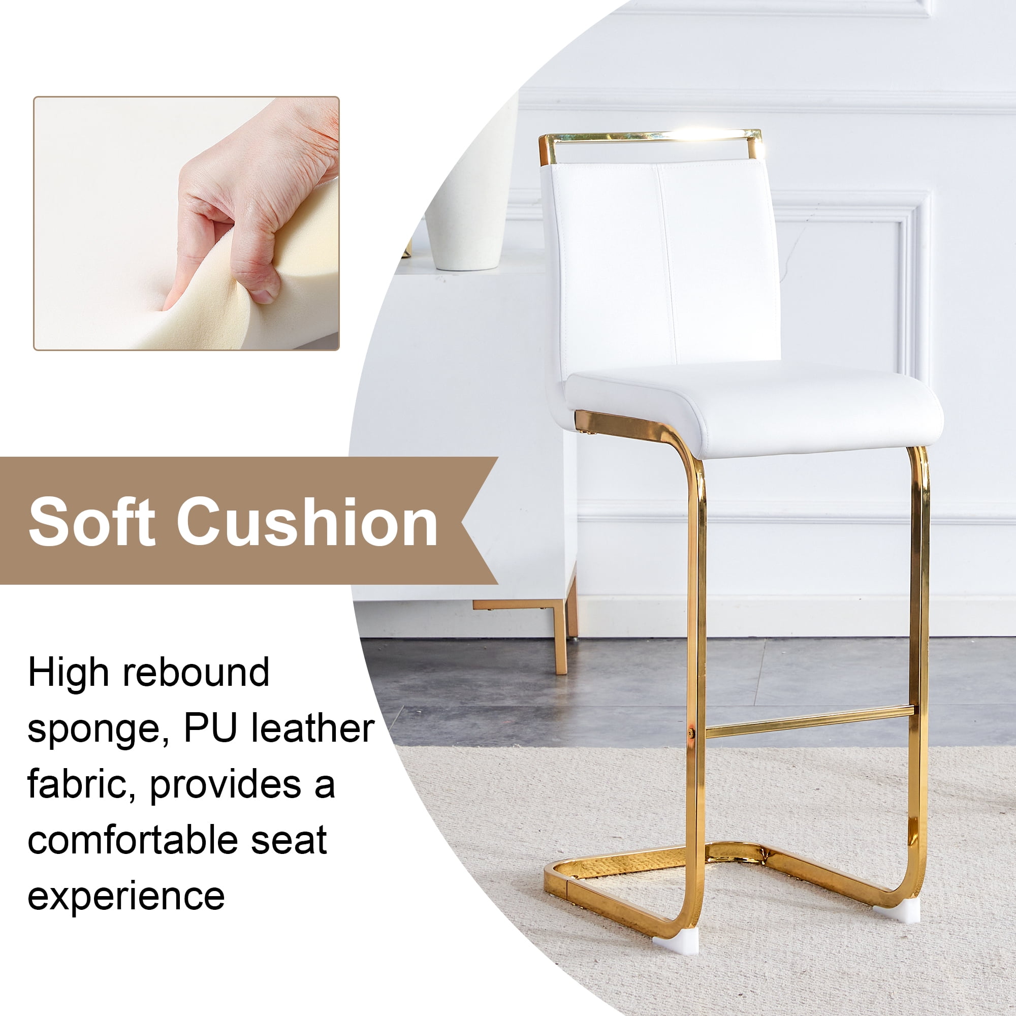 Lecut 30" Counter Height Bar Stools Set of 4, Modern Upholstered PU Leather Bar Stools with Back and Gold Chrome Plated Metal Frame, Armless Bar Chairs for Kitchen Island (White+Gold)