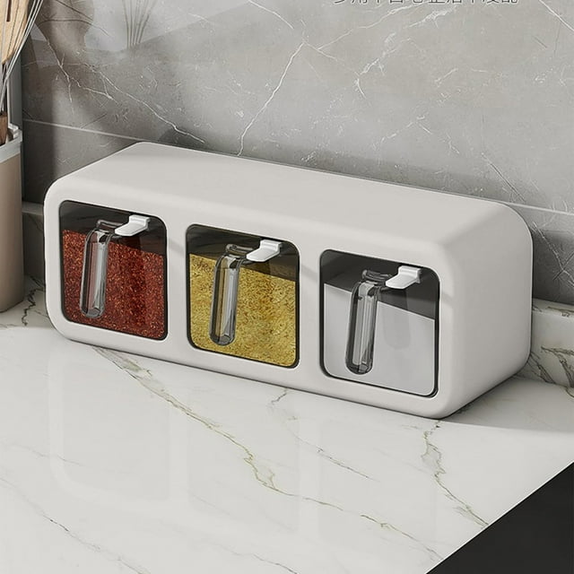 EGNMCR Organisateurs et Rangement de Garde-Robe Trois Compartiments Pot à Condiments Pot à Épices 450 ml Pot à Condiments Contenant à Épices Bocal à Condiments Transparent pour Poivre et Poivre pour Comptoir de Cuisine avec Cuillère Distributeur Bouteille
