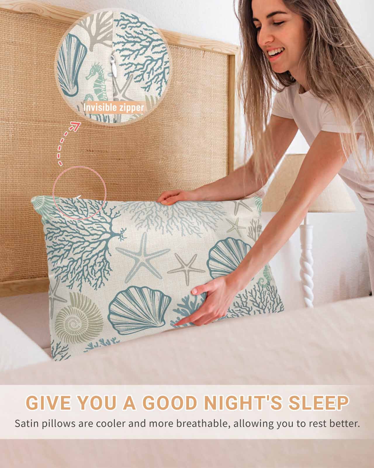 Coastal Ocean Pillow Cases King Size Set of 2, Smooth Satin Pillowcase for Hair and Skin, Vintage Coral Starfish Shell Seahorse Decorative Cooling Bed Pillow Covers with Zipper, 20x36 Inches