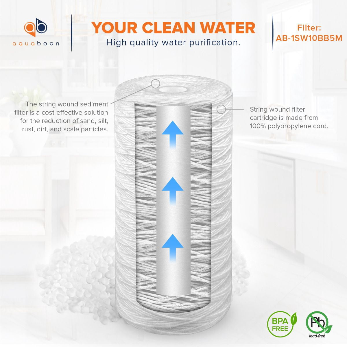Aquaboon 5 Micron 10" String Wound Sediment Water Filter Cartridge | Whole House Sediment Filtration | Compatible with 84637, WPX5BB97P, PC10, 355214-45, 355215-45, WP10BB97P WP5BB97P 6-Pack