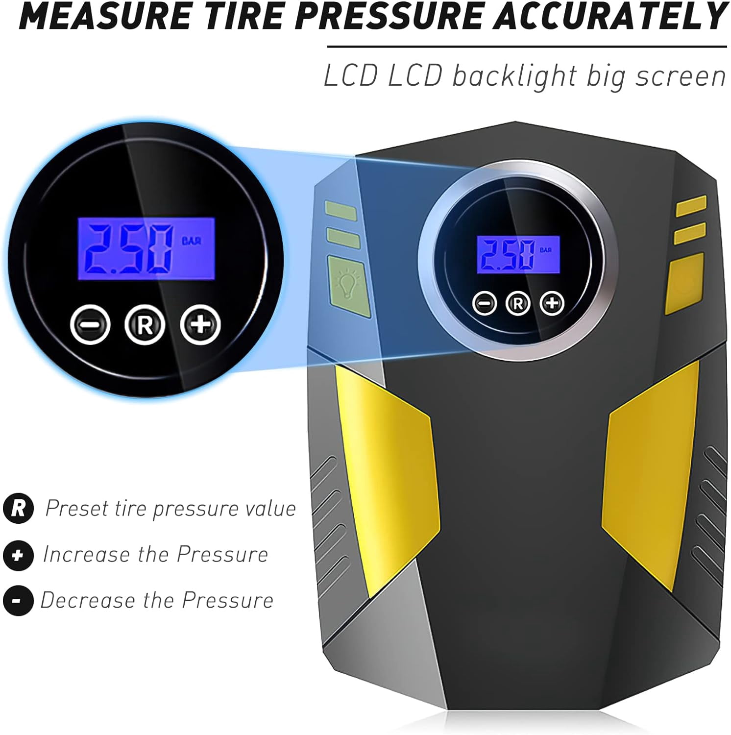Bowsily BR-5396-A 12V DC Portable Tire Air Compressor - Black/Yellow
