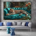 thumbnail image 3 of Mudket Leopard on Luxury Teal Velvet Sofa Framed Canvas Wall Art, Vintage Floral Jungle Animal Wall Art for Women Living Room, Bedroom, Office Decor, Ready to Hang-18"L x 12"W, 3 of 10