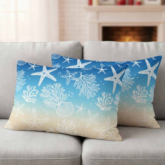 Blue Beige Ombre Coastal Waterproof Outdoor Throw Pillow Covers 20"x12" Pack 2, Pillow Cases Throw Cushion Cover with Zipper, Nautical Beach Starfish Coral Summer Pillowcase for Poolside Sofa