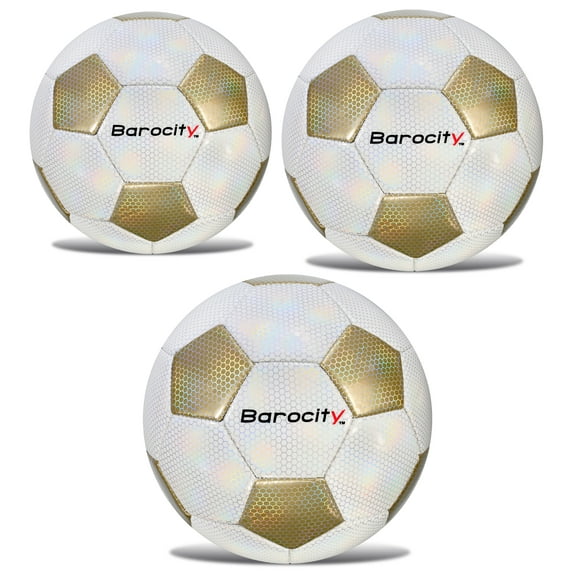 Barocity Iridescent Soccer Balls Set of 3 - Classic White and Gold Official Match Balls with Reflective Hex Pattern, Sport Soccer Balls for Indoor, Outdoor Training and Practice - Sizes 3, 4, and 5