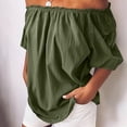 thumbnail image 2 of Deals Linen Off The Shoulder Tops for Women Shirred Neck Half Sleeve Shirts Cotton Linen Beach Tops Flowy Relaxed Tunics Blouses Summer Going Out Beach Vacation Clothes, 2 of 6