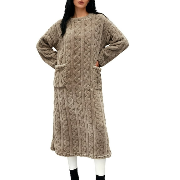 Erwazi Women Long Fuzzy Robe Jacquard Loungewear Soft Winter Warm Bathrobe Pajama with Pocket