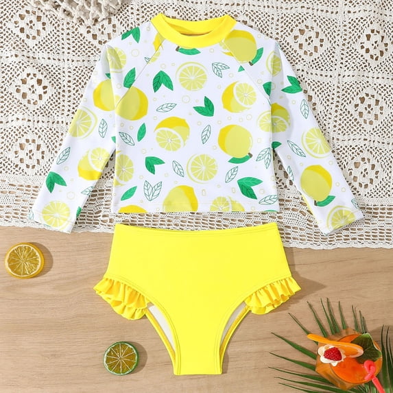 lnmuld 2PC Girls Rash Guard Top & Swim Shorts Set - Long Sleeve Sun Safe Water Play Swimwear Color:Yellow,Size:4-5 Years