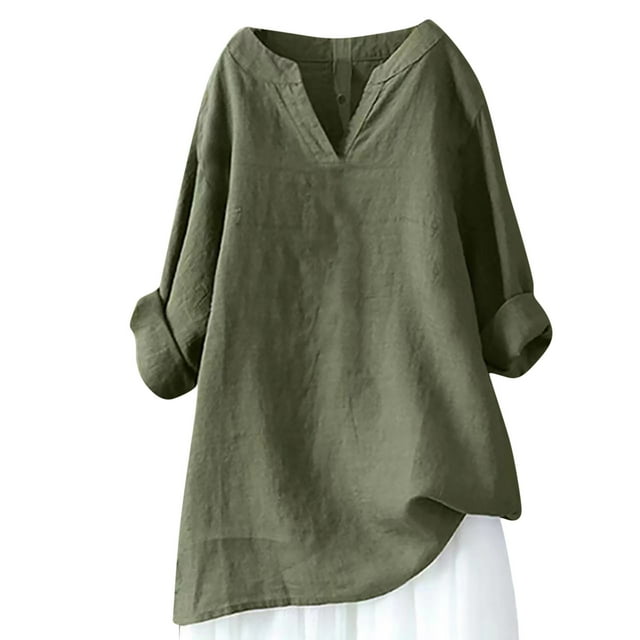 Chemises en Lin pour Femmes Été Femmes Col en V Manches Longues Amples Chemises en Coton et Lin Chemises d'Été Blouse Chemise à Manches Longues Femme Hauts à Manches Longues pour Femmes Hauts à Manches Longues pour Femmes