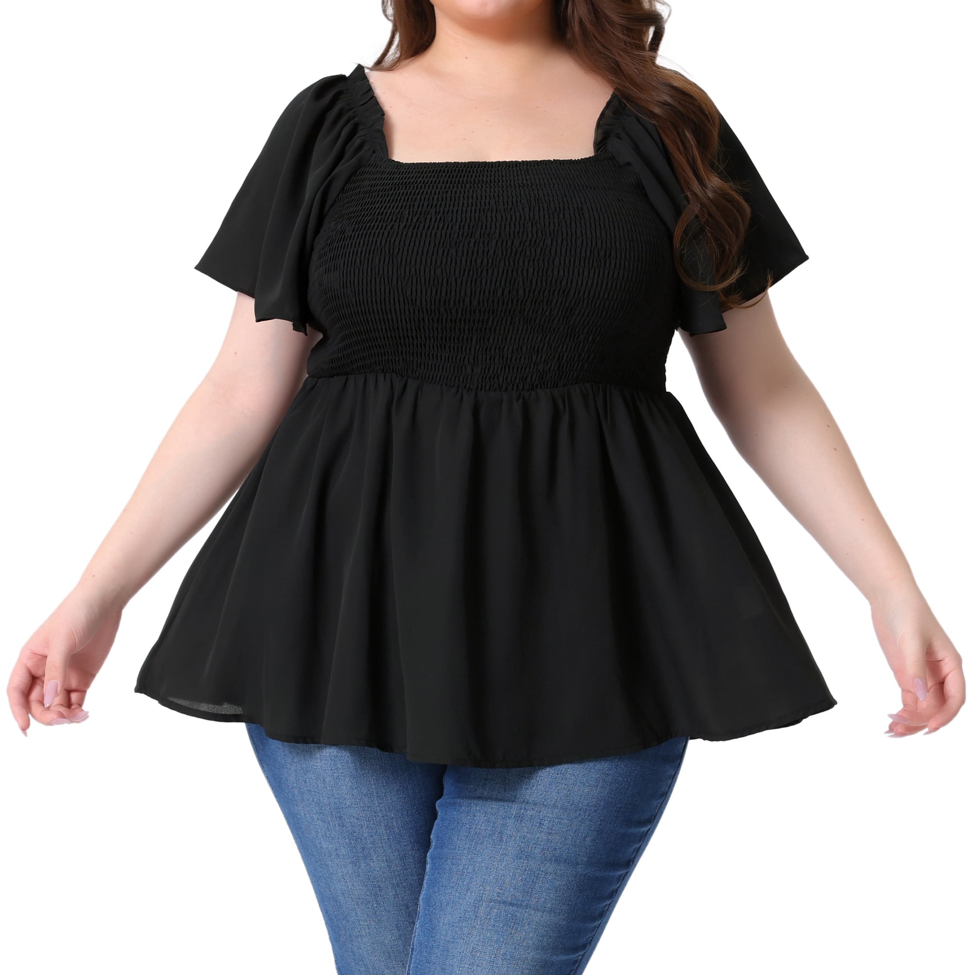 DARING DIVA Women's Plus Square Neck Ruffle Hem Blouse 4X Black