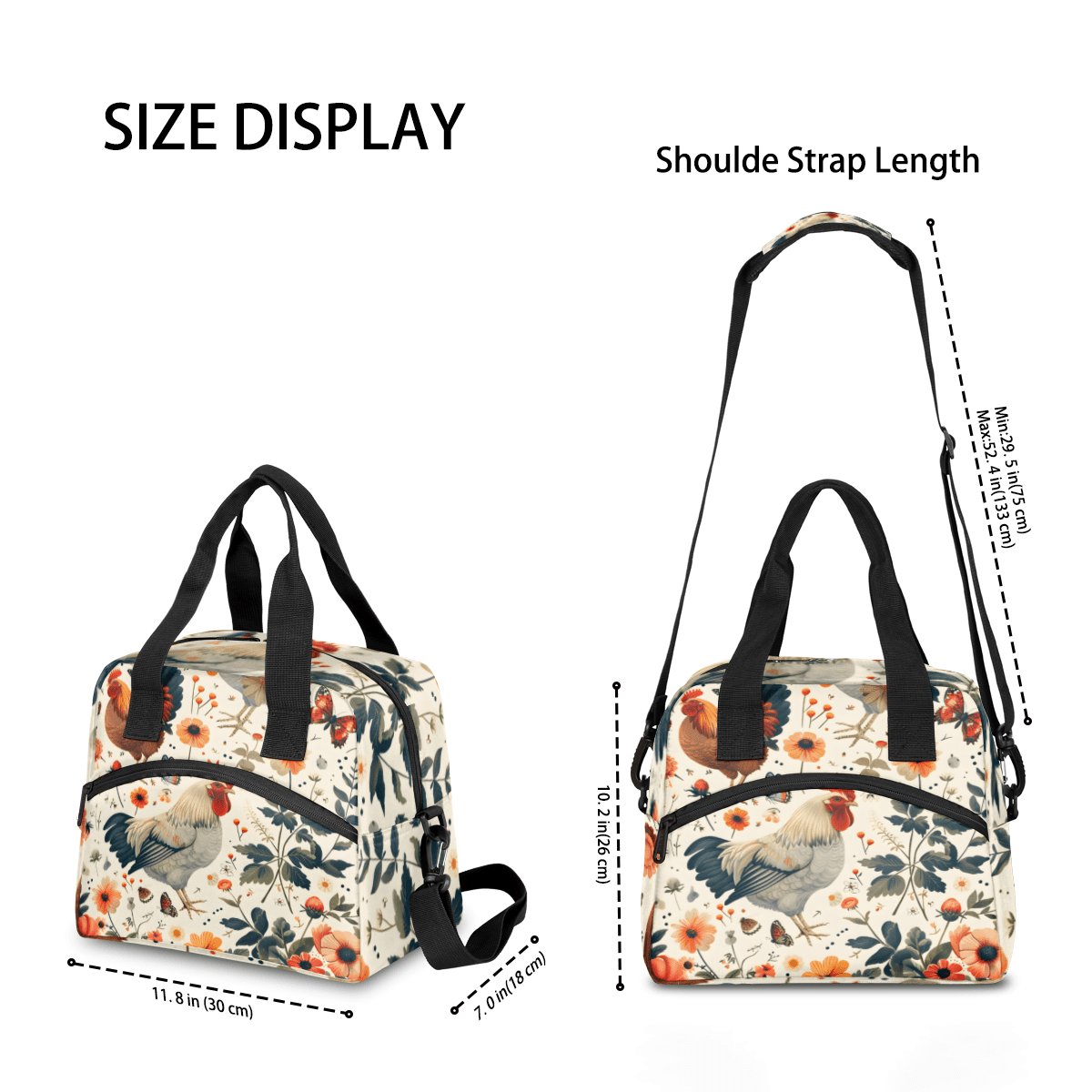 Herdesigns Chicken Cock Insulated Lunch Bag for Women Men Adults Large Reusable Lunch Box Hens Rooster Leakproof Cooler Tote Bags with Adjustable Shoulder Strap
