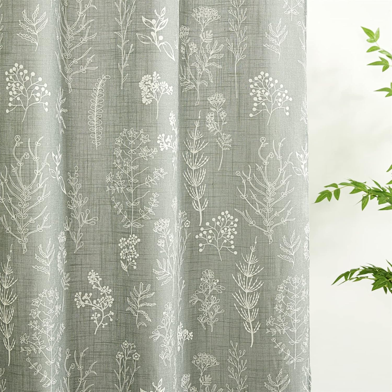 Vintage Botanical Linen Shower Curtain for Bathroom in Black and White, Heavy Duty 180GSM Textured Fabric Shower Curtain Set Cute Plant Leaves Design, Modern Farmhosue Boho Floral Bathroom Decor