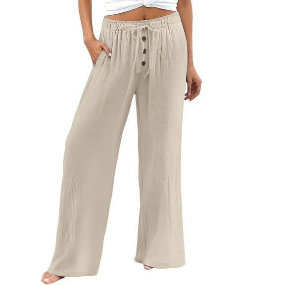 Endives Women's Casual Linen Pants Summer Wide Leg Pants Elastic Waist High Waisted Pants Beach Trousers