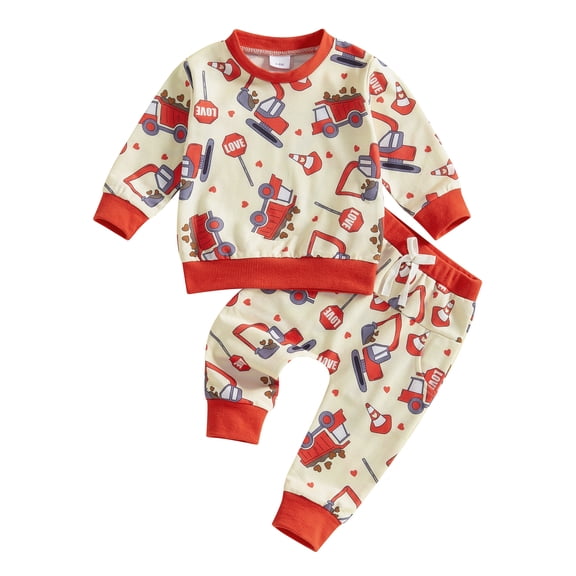 Baby Toddler Boy Valentine Outfit 3 6 12 18 24 Months 2T 3T Truck Print Long Sleeve Sweatshirt and Elastic Pants 2 Piece Jogger Clothes Set