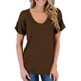 thumbnail image 4 of SDNall Summer T-Shirts for Women 2024 Fashion Summer V-Neck Leisure Short Sleeve Solid Tops Womens T-Shirts (Coffee,Sizes:S-2XL), 4 of 9