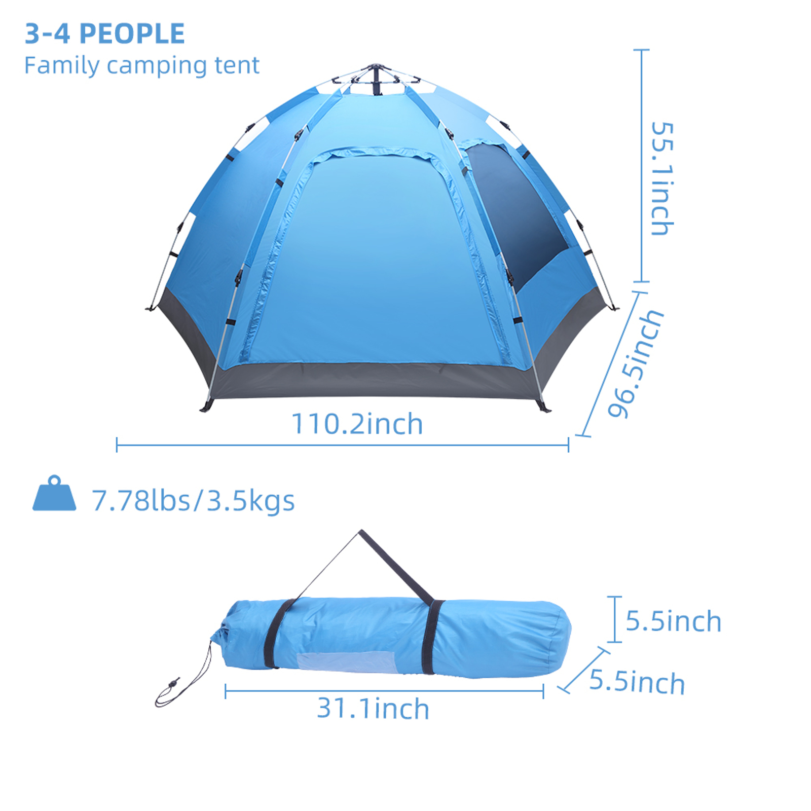 IVV Instant Setup Family Tent for 4–6 People, Waterproof Dome Shelter with Double Doors, Mesh Windows & Carry Bag - Blue
