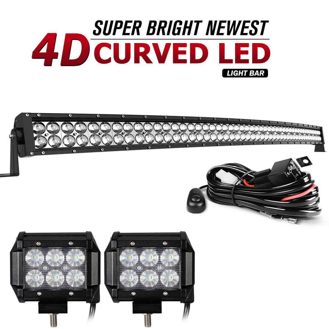 Led Light Bar Curved T-Former 52 Inch 20/22 Inch Spot Flood Combo Beam Led Bars 4Pcs 4 Inch 60W Offroad Driving Fog Lights W/ Rocker Switch Wiring Harness Kit for Jeep Tucks Polaris Boats