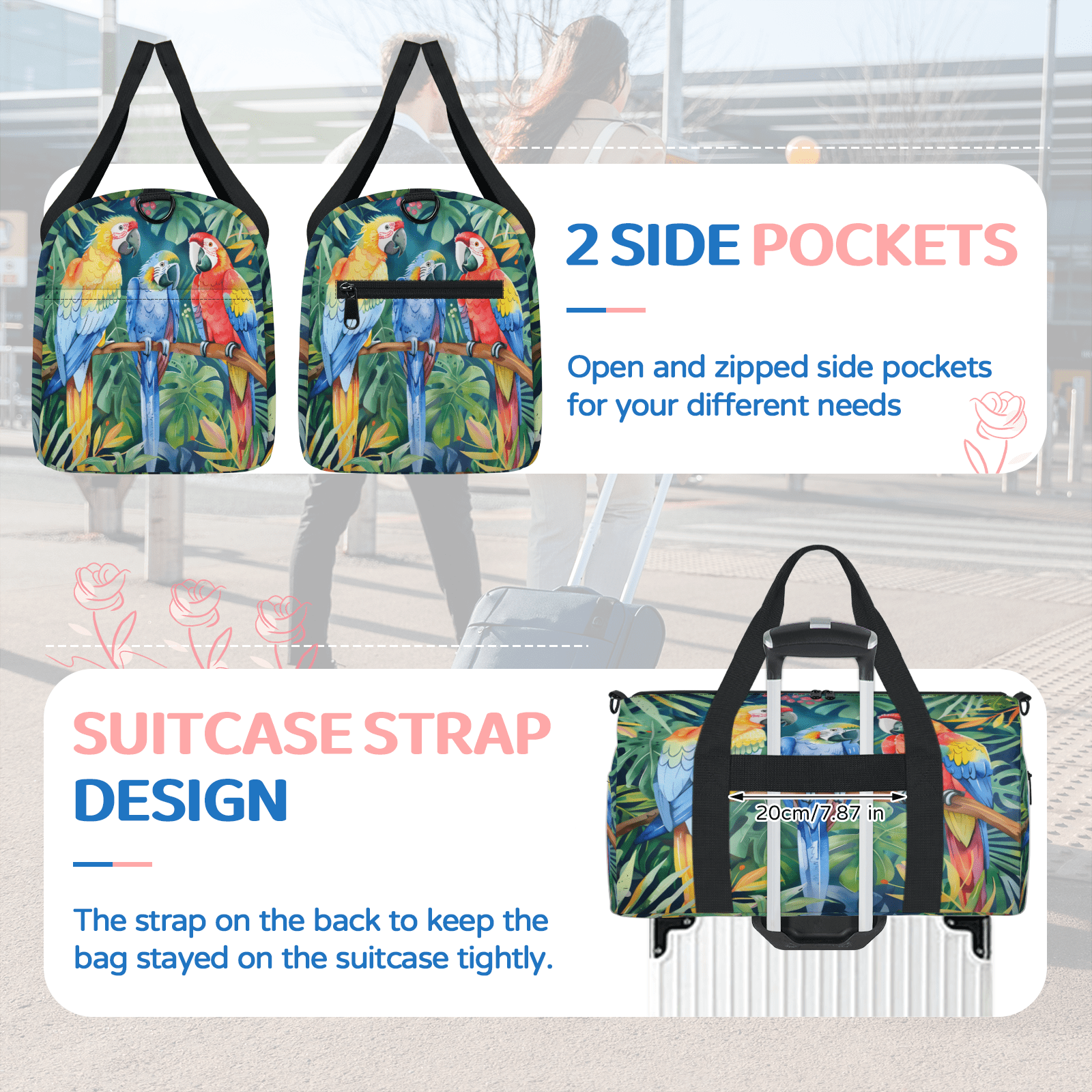 Herdesigns Parrot Tropical Palm Leaves Gym Bag for Women, Duffle Bag for Travel Sport, Lightweight Waterproof Carry on Weekender Overnight Dance Yoga Workout Bags