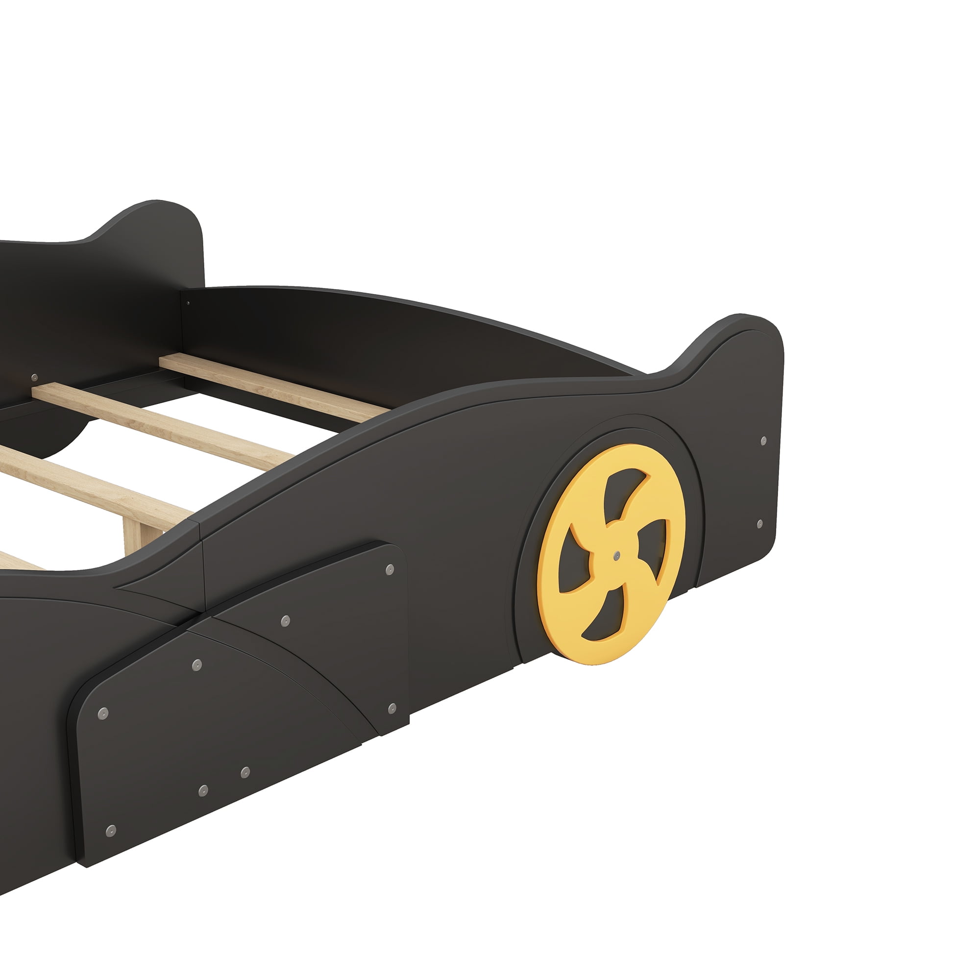 CZBZ Full Size Race Car-Shaped Platform Bed with Wheels & Storage, Solid Pine Wood Bed with Safety Rails, No Box Spring Needed, 400LBS Capacity, Fun Bedroom Furniture for Boys & Teens, Noise Free