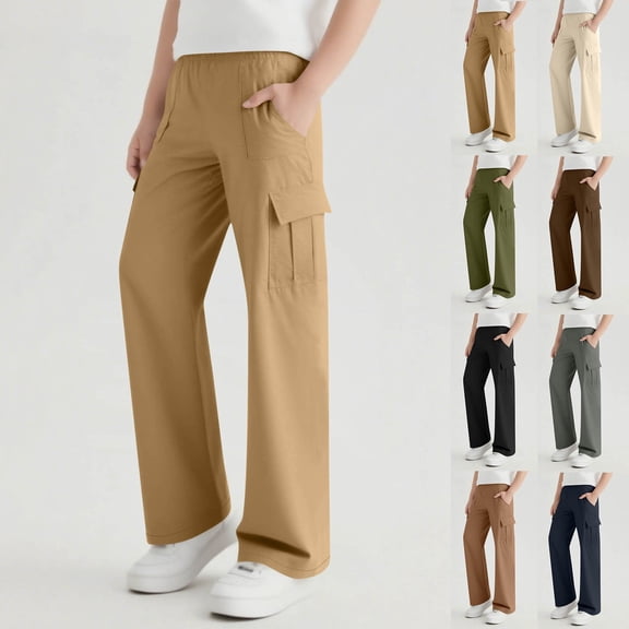SEAOPEN Girls Cargo Pants Jogger Elastic Waist Drawstring with Pockets Uniform Pants Clothes for Teen Girls Black 9 Years