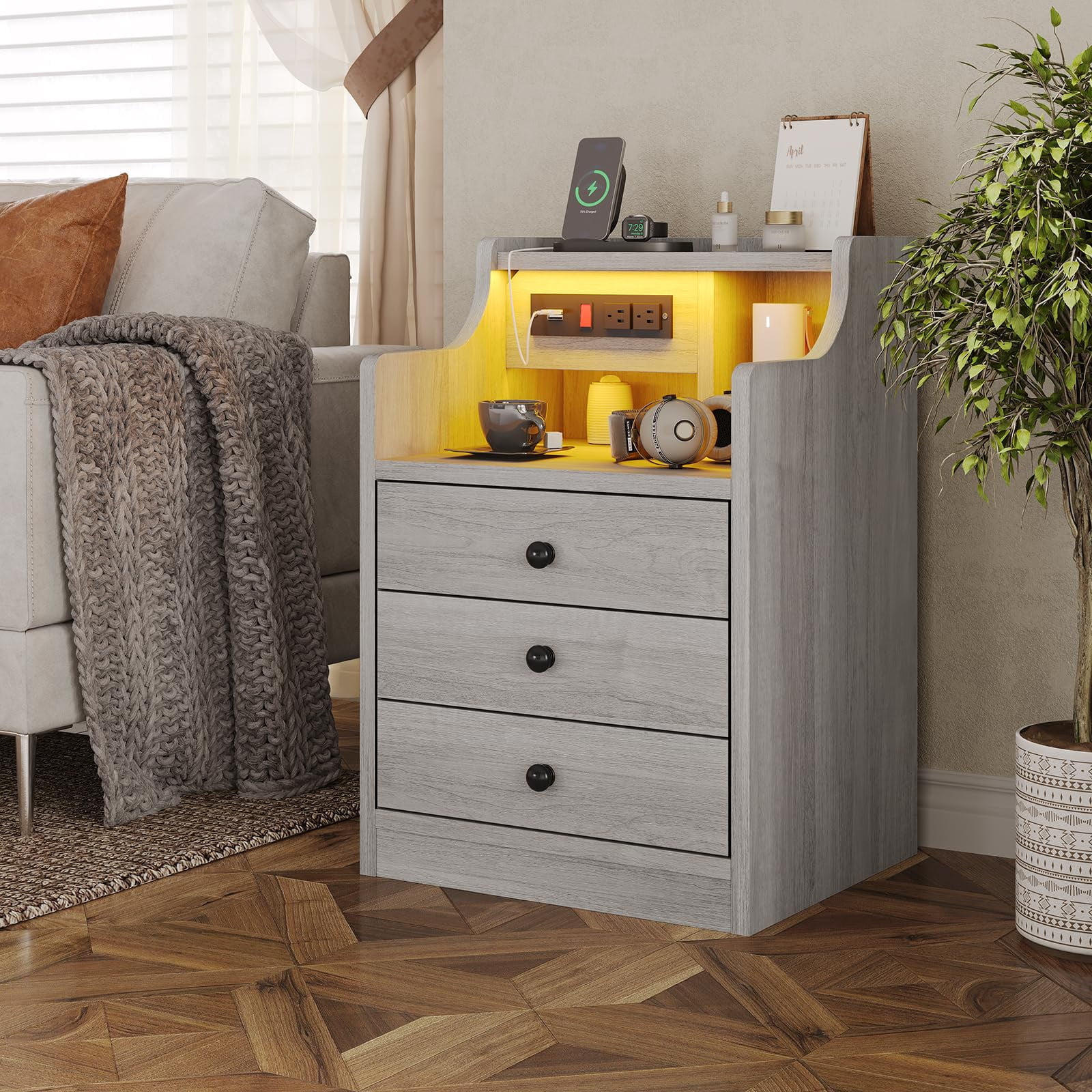 Afuhokles Nightstand Set of 2 with Charging Station and LED Lights, Night Stand with Hutch and Storage Drawers, Gray