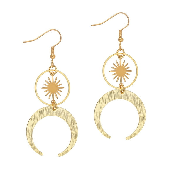 1box 1 Pair Brass Sun & Moon Dangle Earrings Long Drop Earrings for Women Golden 71.5mm Pin: 0.5mm 1box