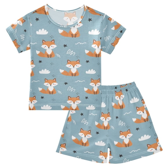 joogoo Cartoon Fox Pattern Pajama Sets Short Sleeve Cotton 2-Piece Sleepwear 10Y