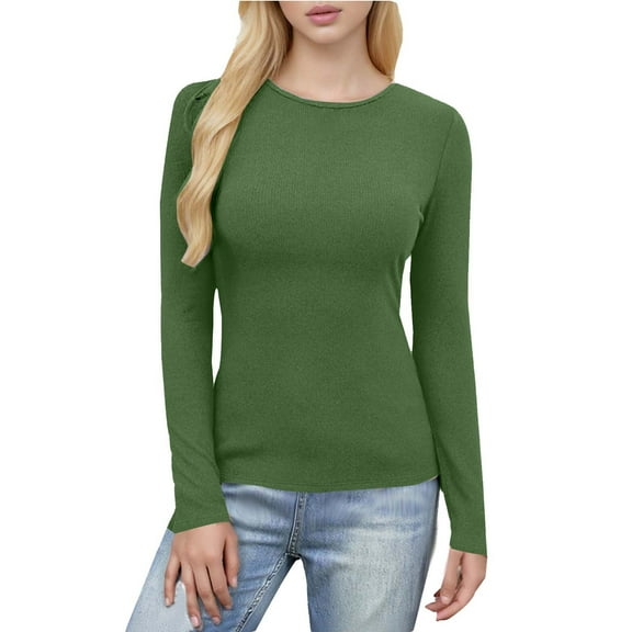 Women Casual Solid Color Round Neck Long Sleeved Slim Tight Fitting Pit Stripe Top Fall Clothes Outfits Basic Winter Clothing