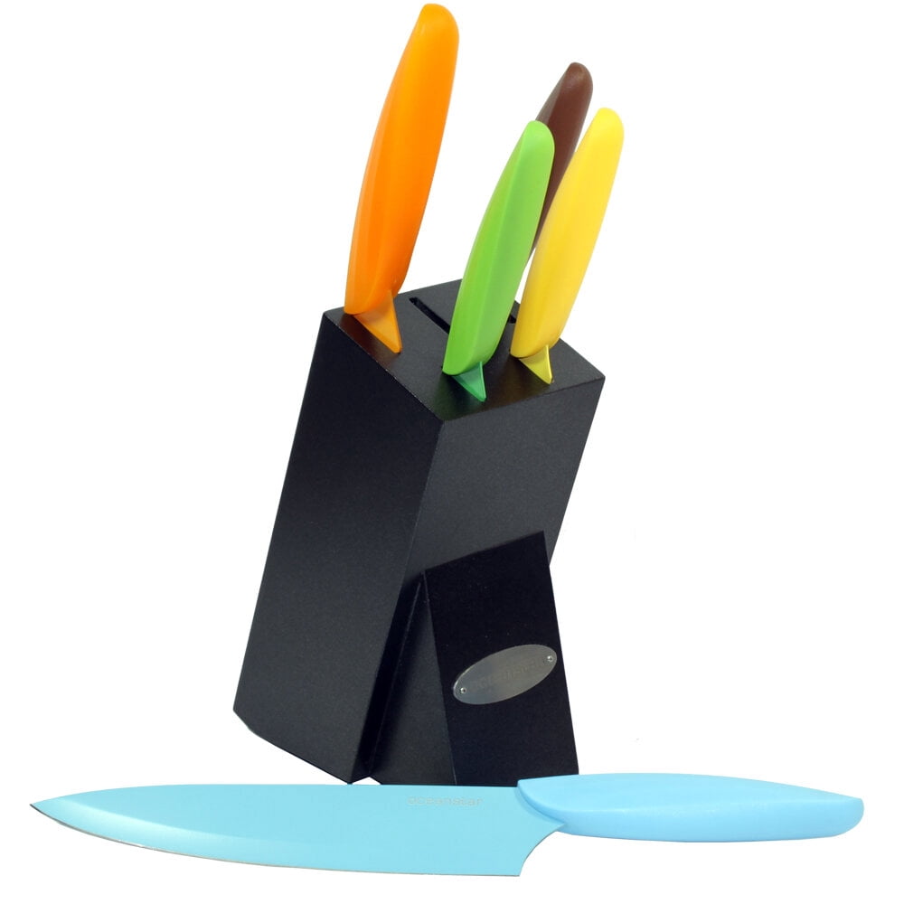 Oceanstar 6-Piece Non-Stick Coating Carbon Stainless Steel Knife Set with Hardwood Block, Elegant Black, 5.75 L x 3.25 W x 13.25 H inches