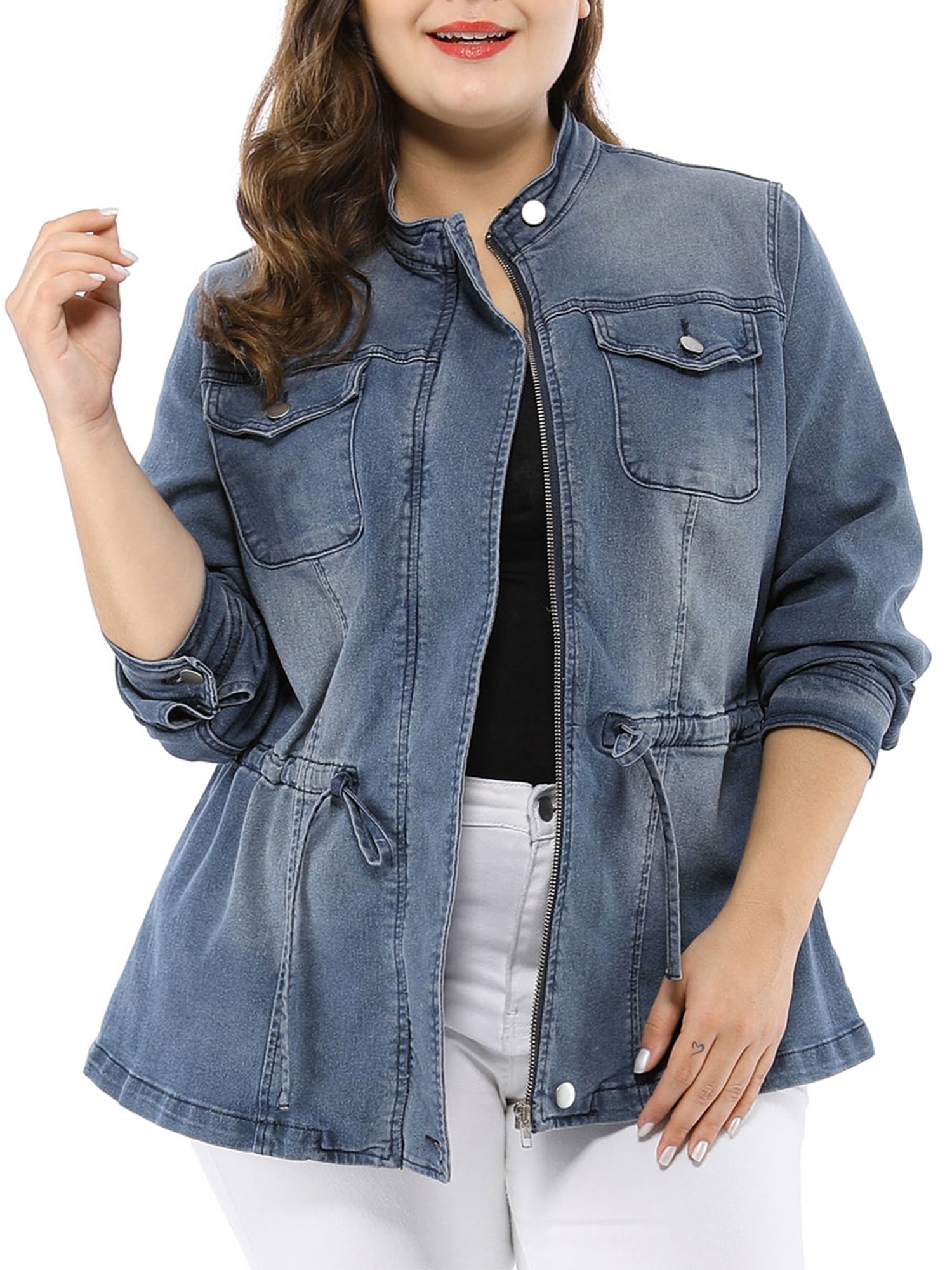 Women's Plus Size Stand Collar Zip Closure Drawstring Denim Jacket Blue