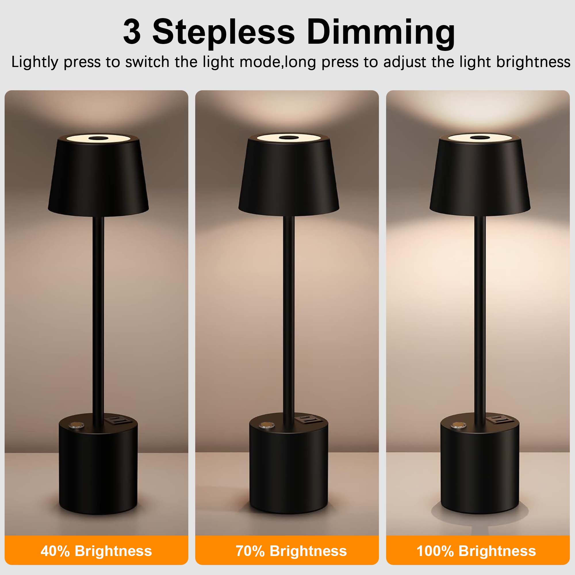 Cordless LED Table Lamp Set of 2, Portable Rechargeable Desk Lamp, Battery Operated Light with USB C+A Ports, 3 Color Dimmable Touch Lamps for Bedroom Living Room Restaurant Patio