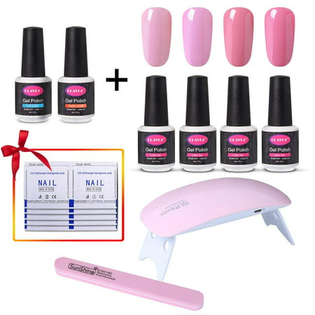 CLAVUZ Soak Off Gel Nail Polish Set C001,Pink Color Collections Top and Base Coat SUNMINI LED Nail Lamp Nail File Remover Wrap New Starter Nail Art Tool (Best Gel Polish Remover Wraps)