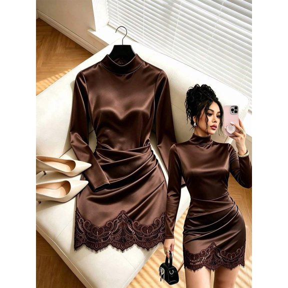 Women's Brown Satin Mock Neck Long Sleeve Mini Dress Ruched Waist Lace Hem Bodycon Slim Fit Party Dress