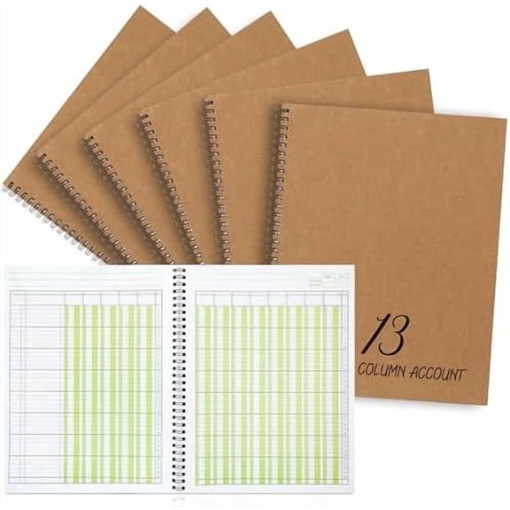 6 Pcs 13 Column Ledger Book 8.5 x 11 Inch Account Notebook Columnar Pad Analysis Pad Kraft Paper Cover 100 Pages for Personal Use Business(50 Sheet)$$Office
