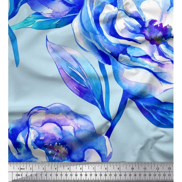 Soimoi Tissu Crêpe Polyester Bleu Feuilles & Floral Décor Tissu Imprimé BTY 52 Pouces de Large