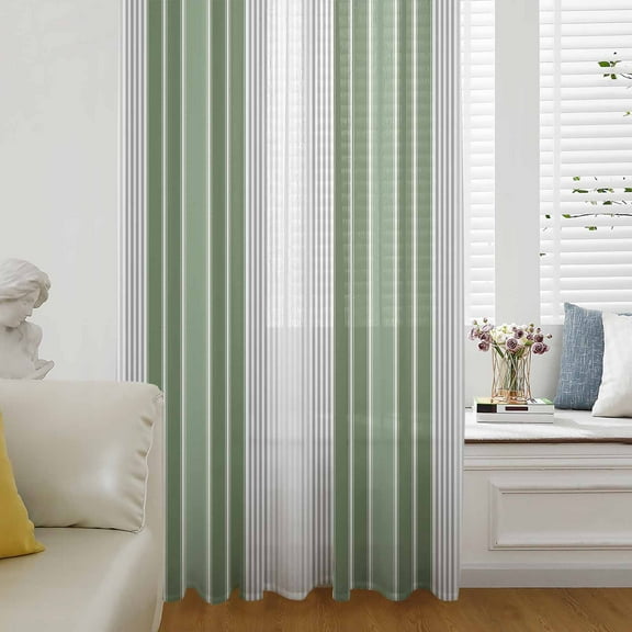 Sage Green Grey Stripe Semi Sheer Curtains Drapes for Living Room, Bedroom, French Doors Window 96 Inches Long, Farmhouse Simple Striped Rod Pocket Chiffon Curtain Drapery Voile Draperies Panel