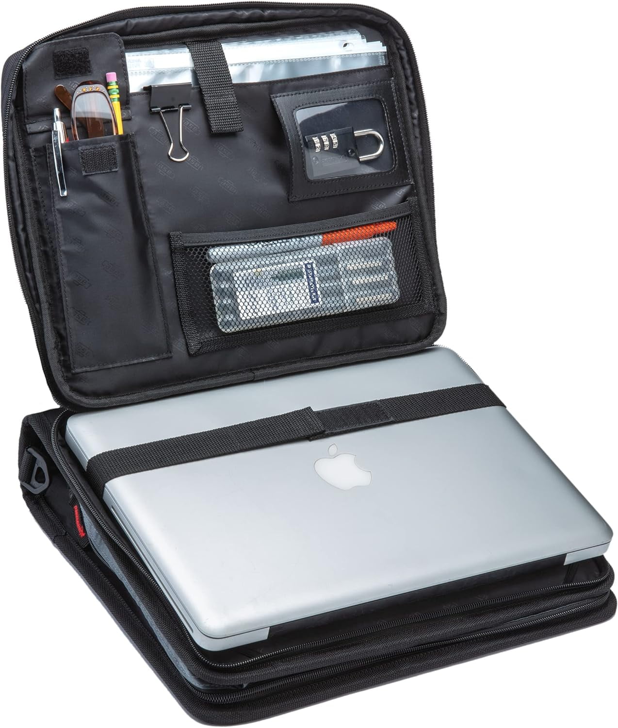 Case-It 2 Inch 3 D-Ring Zipper Binder with Padded Laptop Case Workstation, Shoulder Strap, LT-117, Black